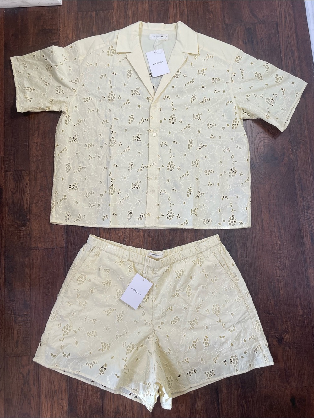 Everlane Eyelet Camp Shirt + Eyelet Pull-On Shorts Set | Light Yellow / XL / NWT - Picture 10 of 16